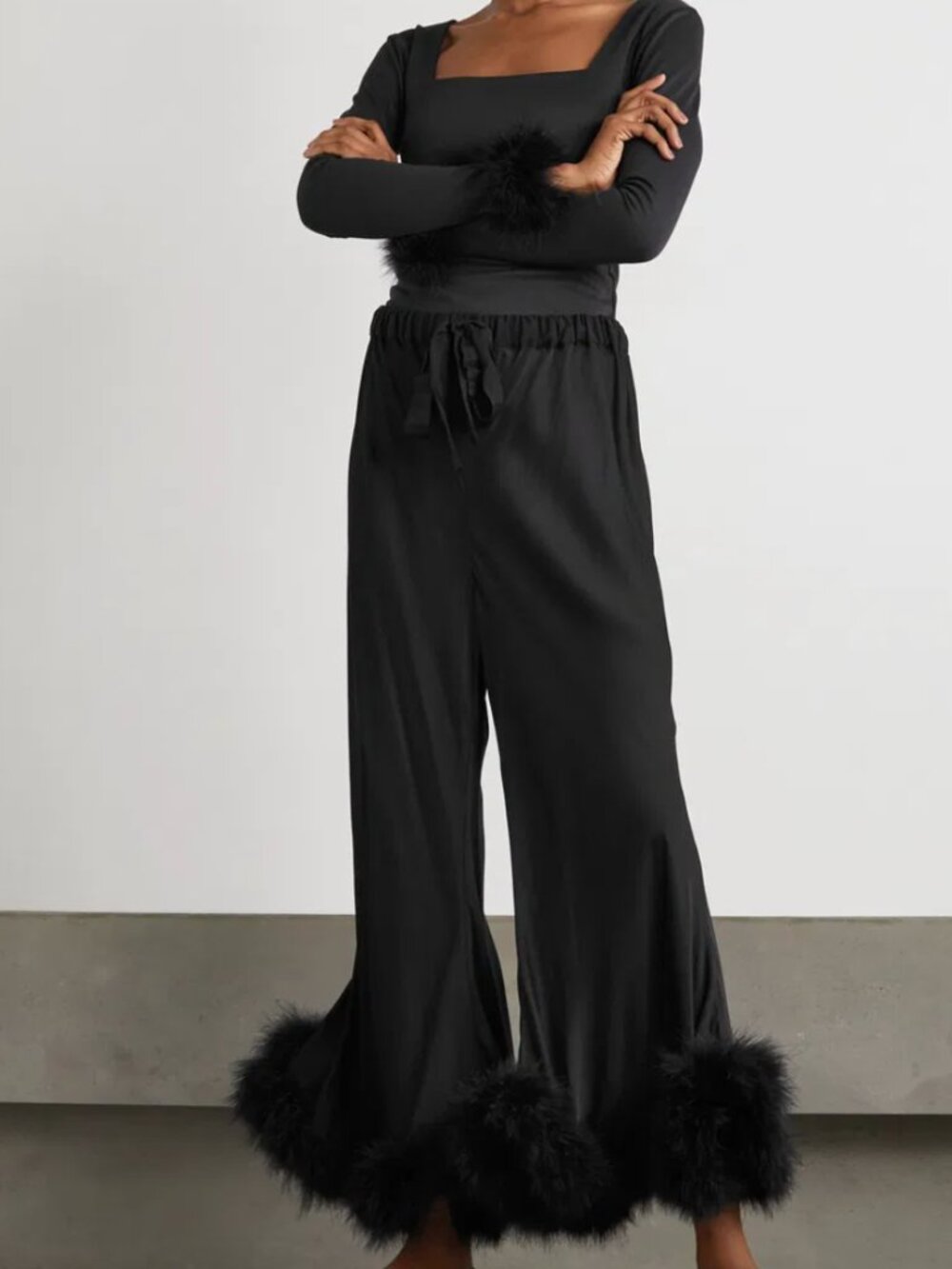 SLEEPER Boudoir Feather Trim Pant Trousers in Black Size M/XL